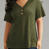 Plus Size Lace Blouse - Delicate Lace Trim, Flattering V-Neck, Short Sleeves, Relaxed Casual Style - Perfect for Spring, Womens Plus Size Clothing