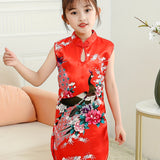 Flattering Peacock & Blossoming Flower Print - Chinese Style Sleeveless Cheongsam Dress for Glamorous Parties - Timeless Elegance with a Feminine Twist