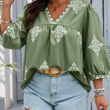 Plus Size Argyle Patterned V Neck 3/4 Sleeve Blouse - Soft Slight Stretch Polyester Fabric, Casual Vacation Top for Spring and All Seasons - Comfortable and Stylish Womens Clothing