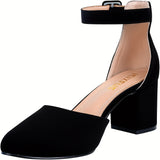 2.25 Inches Closed Toe Heels For Women -Black Round Toe Chunky Wedding Block Women Pumps Shoes