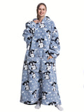 Plus Size Cute Nightgown, Women's Plus Puppy Print Long Sleeve Cozy Flannel Hooded Wearable Blanket With Pockets