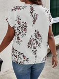 Plus Size Elegant V Neck Floral Print Shirting Blouse - Soft Polyester Non-Stretch Fabric, Woven Construction, Random Printing, Casual Short Sleeve Design for Summer - Womens Stylish Plus Size Clothing for Spring