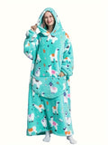 Cozy Plus Size Sloth Print Robe - Soft Womens Flannel Wearable Hooded Blanket - Comfy & Adorable Extra Long Sleepwear for All Seasons