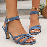 Chic Denim High Heel Open Toe Sandals - Fashionable Dress Pumps with Trendy Buckle Strap Slingback for Style-Forward Women