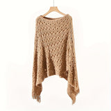 Knit Hollow Out Pullover Poncho Solid Color Tassel Double-layer Outside Wrap Shawl Stylish Bat Sleeve Loose Coat Shawl