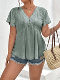 Plus Size Lace Trim Blouse, Elegant V Neck Short Sleeve Blouse For Summer, Women's Plus Size Clothing