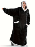 Plus Size Womens Flannel Loungewear Robe - Super Soft Hooded Wearable Blanket with Pockets for Cozy Casual Days