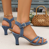 Chic Denim High Heel Open Toe Sandals - Fashionable Dress Pumps with Trendy Buckle Strap Slingback for Style-Forward Women