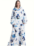 Cozy Plus Size Sloth Print Robe - Soft Womens Flannel Wearable Hooded Blanket - Comfy & Adorable Extra Long Sleepwear for All Seasons