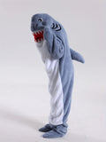 Plus Size Cute Lounge Onesies, Women's Cartoon Shark Fall/Winter Flannel Hoodie Wearable Blanket For Halloween & Christmas Costume