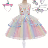 Girls' Enchanting Unicorn 5-piece Dress & Jewelry Set - Durable, Non-Sheer for Parties and Performances