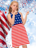 Five-Pointed Star Striped Puff Sleeves Loose Fit Girls Elegant Casual Dress - American Independence Day Inspired - Soft Fabric, Relaxed Style, and Vibrant Colors for a Chic Look