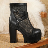 High Heel Womens Ankle Booties - Mesh Cutout, Crisscross Buckle, Platform Chunky Heel, Zipper Closure, Synthetic Leather Upper, PU Sole, Round Toe, All-Season Fashion Footwear for European and North America Special