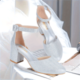 2.25 Inches Closed Toe Heels For Women - Silver Round Toe Chunky Wedding Block Women Pumps Shoes