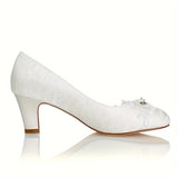 Wedding Shoes Closed Chunky Heel Lace Satin Pumps With Lace Flower Rhinestone Bridal Shoes