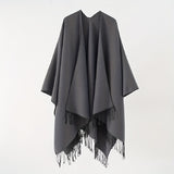 Solid Color Tassel Cardigan Poncho Simple Imitation Cashmere Open Front Large Shawl Women's Autumn Winter Outside Warm Coldproof Shawl Cape