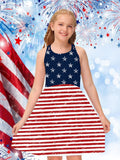 Five-Pointed Star Striped Puff Sleeves Loose Fit Girls Elegant Casual Dress - American Independence Day Inspired - Soft Fabric, Relaxed Style, and Vibrant Colors for a Chic Look