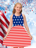 Five-Pointed Star Striped Puff Sleeves Loose Fit Girls Elegant Casual Dress - American Independence Day Inspired - Soft Fabric, Relaxed Style, and Vibrant Colors for a Chic Look