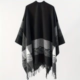 Black White Striped Tassel Cardigan Poncho Casual Thick Soft Warm Cross Shawl Autumn Winter Outdoor Windproof Blanket Shawl