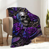 1pc Throw Blanket, Purple Rose And Skull Printed Blanket, Warm Cozy Soft Blanket For Couch Bed Sofa Car Office Camping Travelling, Valentine's Day Gift Blanket Suitable For All Seasons For Halloween