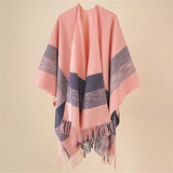 Ladies Stylish Cardigan Poncho Large Stripes Open Front Outerwear Shawl Autumn Winter Travel Windproof Warm Blanket Cloak Shawl