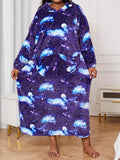 Women's Plus Casual Nightgown, Plus Size Starry Sky Print Warm Flannel Hooded Wearable Blanket For Fall & Winter