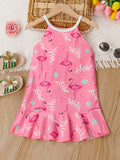 Girl's Dress Sweet Flamingo Print Ruffle Hem Halter Sleeveless Dresses, Summer Gift