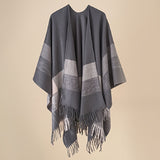 Ladies Stylish Cardigan Poncho Large Stripes Open Front Outerwear Shawl Autumn Winter Travel Windproof Warm Blanket Cloak Shawl