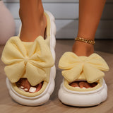 Women's Bow Linen Slippers, Breathable Contrast Color Soft Sole Platform Shoes, Comfy Indoor Floor Slippers