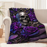 1pc Throw Blanket, Purple Rose And Skull Printed Blanket, Warm Cozy Soft Blanket For Couch Bed Sofa Car Office Camping Travelling, Valentine's Day Gift Blanket Suitable For All Seasons For Halloween