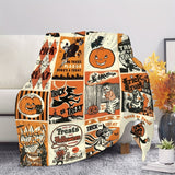 Traditional Halloween Horror Theme Knitted Throw Blanket - Vintage Trick or Treat & Jack-o'-Lantern Patterns - All-Season Polyester, Multiple Embellishments