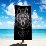 1pc Vibrant Wolf Dreamcatcher Printed Beach Towel - Ultra-Soft, Highly Absorbent, Quick-Drying, Modern Style, 55 Inch Multi-Use Summer Bath Towel for Yoga, Swimming, Fitness, Camping, and Outdoor Activities