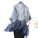 Ladies Porcelain Print Shawl - Stylish & Breathable, Artisanal Blue White Design with Fringe - A Fashion-Forward, Lightweight Accessory for Autumn Winter