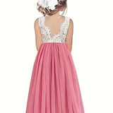 Long Sleeveless V-Back Lace Princess Dress for Girls - Mesh Splicing, Backless, Trapeze Hem, Slight Stretch, Polyester Material - Perfect for Piano Performance and Party Occasions