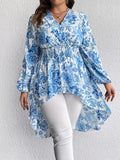 Plus Size Floral Lantern Sleeve Blouse – Chic Surplice Neck & Shirred Waist – Flattering High Low Hem Top for Elegant Occasions