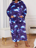 Women's Plus Casual Nightgown, Plus Size Starry Sky Print Warm Flannel Hooded Wearable Blanket For Fall & Winter