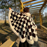 Luxurious Faux Fur Collar Shawl Cape - Fashion-Forward Checkerboard Pattern - Oversized & Warm for Autumn Winter