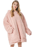 Solid Plush Hooded Robe, Warm & Comfy Wearable Blanket Robe With Pockets, Women's Sleepwear