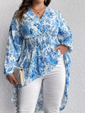 Plus Size Floral Lantern Sleeve Blouse – Chic Surplice Neck & Shirred Waist – Flattering High Low Hem Top for Elegant Occasions