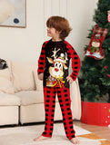 Youngsters' Cozy Christmas Pajama Set - Flame-Resistant, Cartoon Reindeer & Plaid Print, Long Sleeve Top and Pants for Boys & Girls