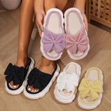 Women's Bow Linen Slippers, Breathable Contrast Color Soft Sole Platform Shoes, Comfy Indoor Floor Slippers