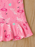 Girl's Dress Sweet Flamingo Print Ruffle Hem Halter Sleeveless Dresses, Summer Gift