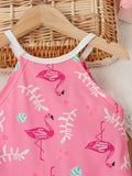 Girl's Dress Sweet Flamingo Print Ruffle Hem Halter Sleeveless Dresses, Summer Gift