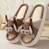 Women's Cartoon Cow Slippers Cute Animal Slide Slippers Cotton Linen Non-slip Outdoor Indoor House Slippers