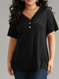 Plus Size Lace Blouse - Delicate Lace Trim, Flattering V-Neck, Short Sleeves, Relaxed Casual Style - Perfect for Spring, Womens Plus Size Clothing