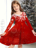 Women's Long Waist Red Snowflake Casual Christmas Dress with Big Hem Skirt