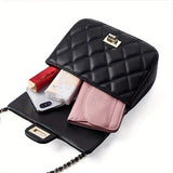 Elegant Turn-Lock Quilted Crossbody Bag - Classic Solid Color Fashion PU Handbag with Luxe Chain Strap