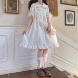 LoveFery Collar Puff Sleeve Ruffle Button Down Dress