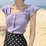 lutaotie Simple Cottagecore Petal Sleeve Top