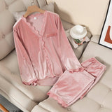 LANFUBEISI Velvet Pajamas Women Autumn Winter Sleepwear Long Sleeve Casual Nightwear Pyjamas Suit Loose Home Clothes Lace Trim Sleep Set